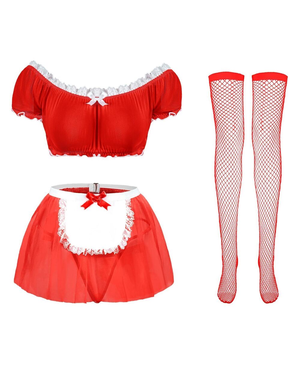 6238 4 Piece Maid Costume Set with Mesh Top Lace Apron Skirt and Fishnet